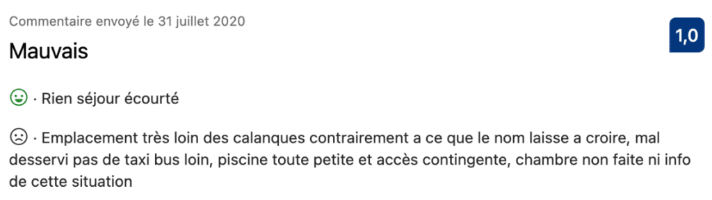 hôtellerie note client négative